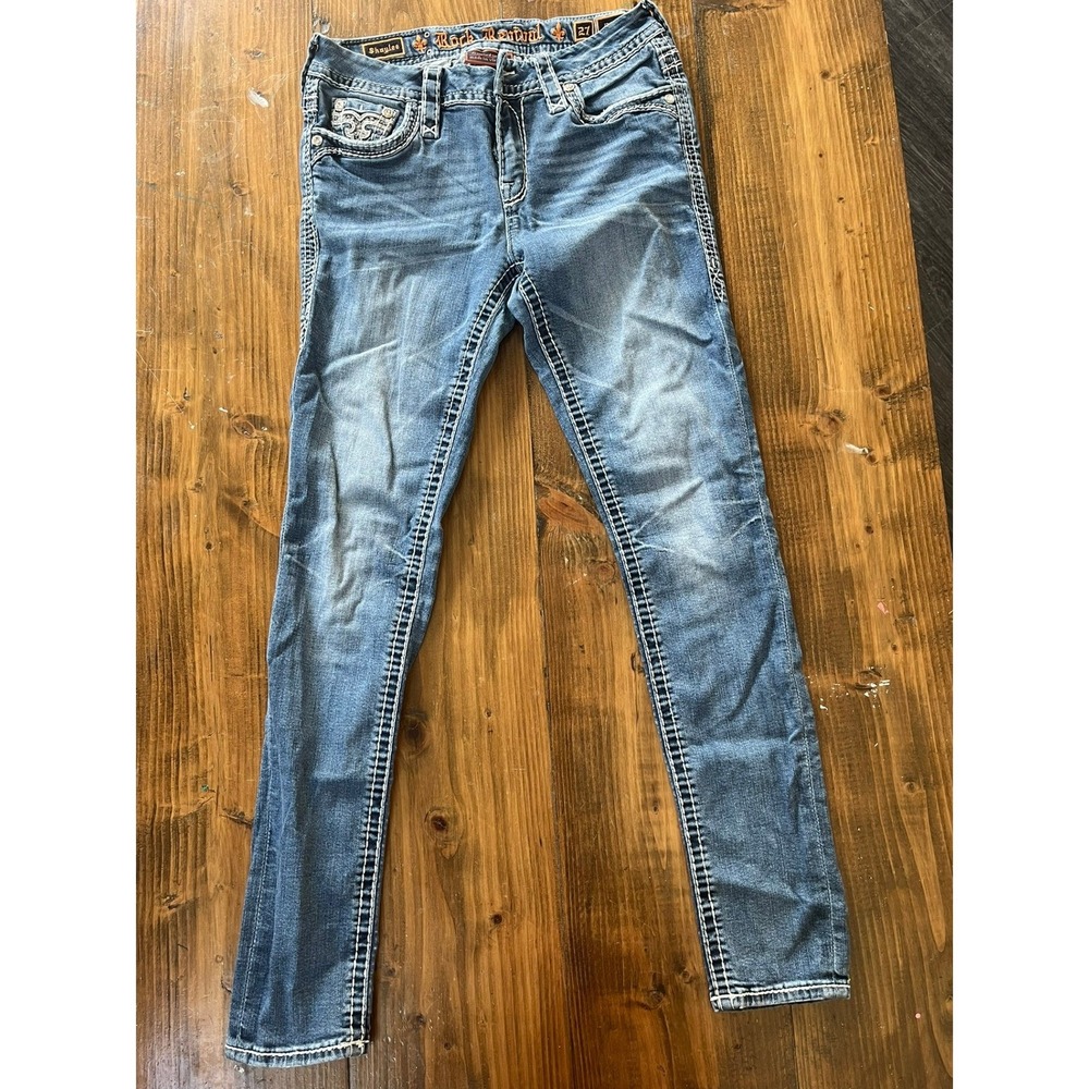 Rock Revival Shaylee Easy Skinny Jeans Blue Contrast Stitch Fleur De Lis Size 27